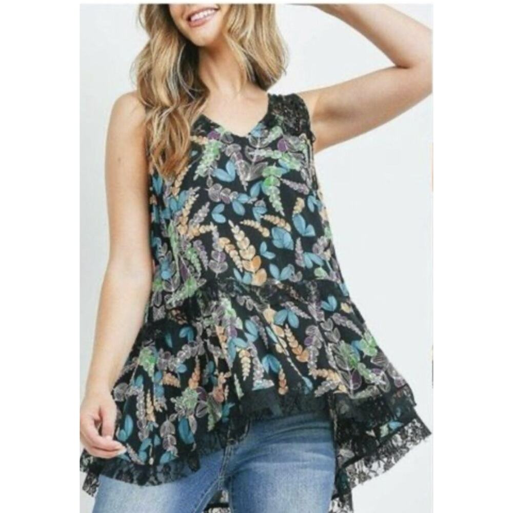 Entro Flowy Botanical Lace Tank Top L